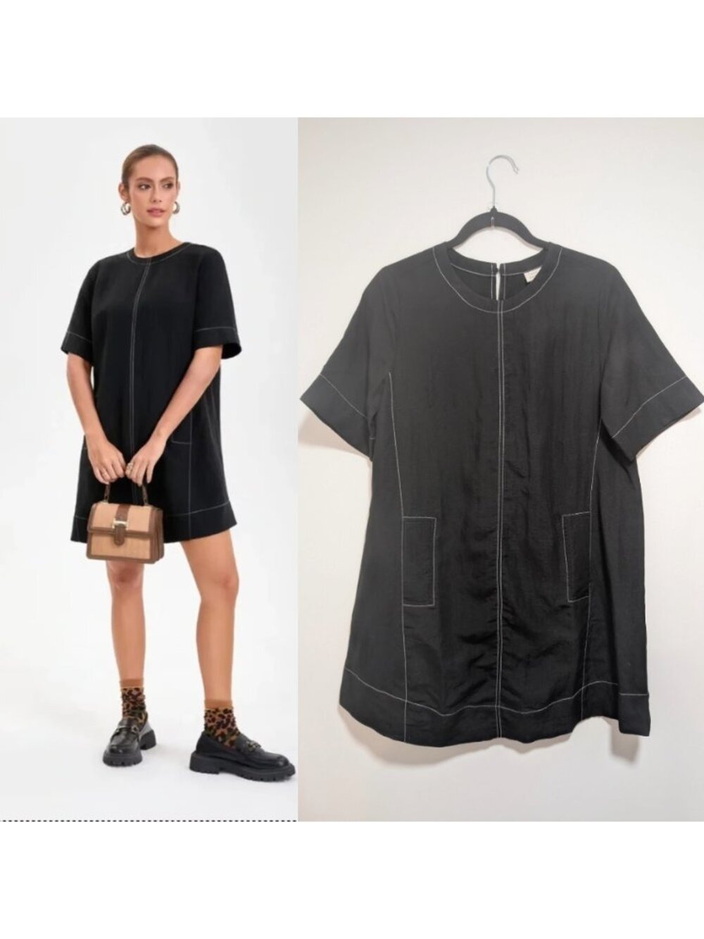 A New Day | Contrast Stitch Shift Dress In Black